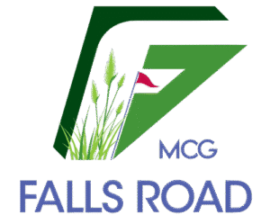 Logo for Falls Road Golf Course featuring green elements and a red flag.