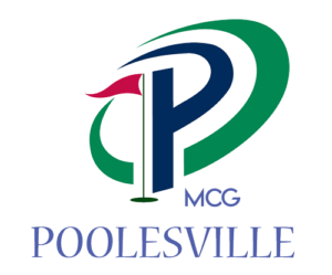 Logo for Poolesville featuring a stylized 'P' and a golf flag, with 'POOLSEVILLE' text below.