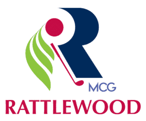 Logo for Rattlewood featuring a stylized 'R' and golf elements in green and red colors.