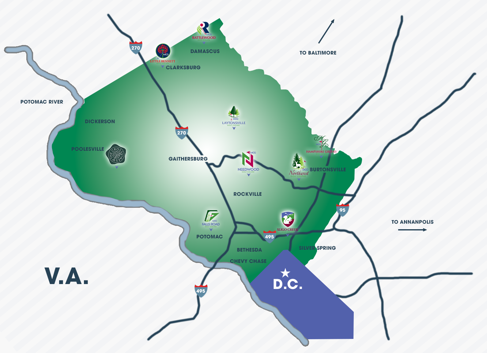 Course Map for all MCG courses in southern Maryland.