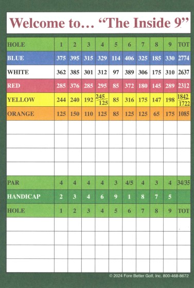 Northwest Inside 9 Scorecard featuring a 9 hole, par 34/35 course at 2774 yards.