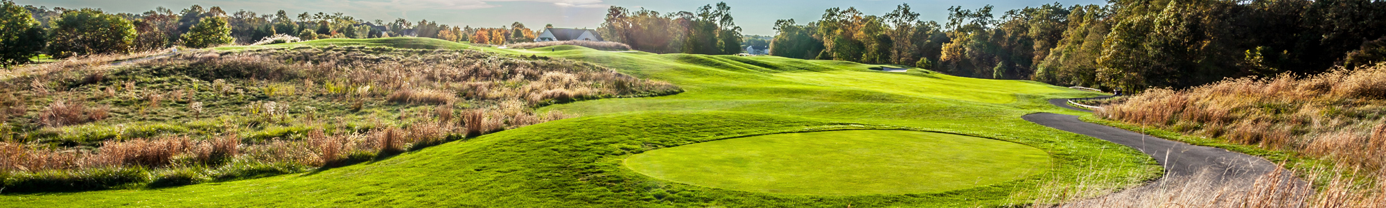 Lush green golf course landscape with rolling hills and a winding path, surrounded by trees and tall grass.
